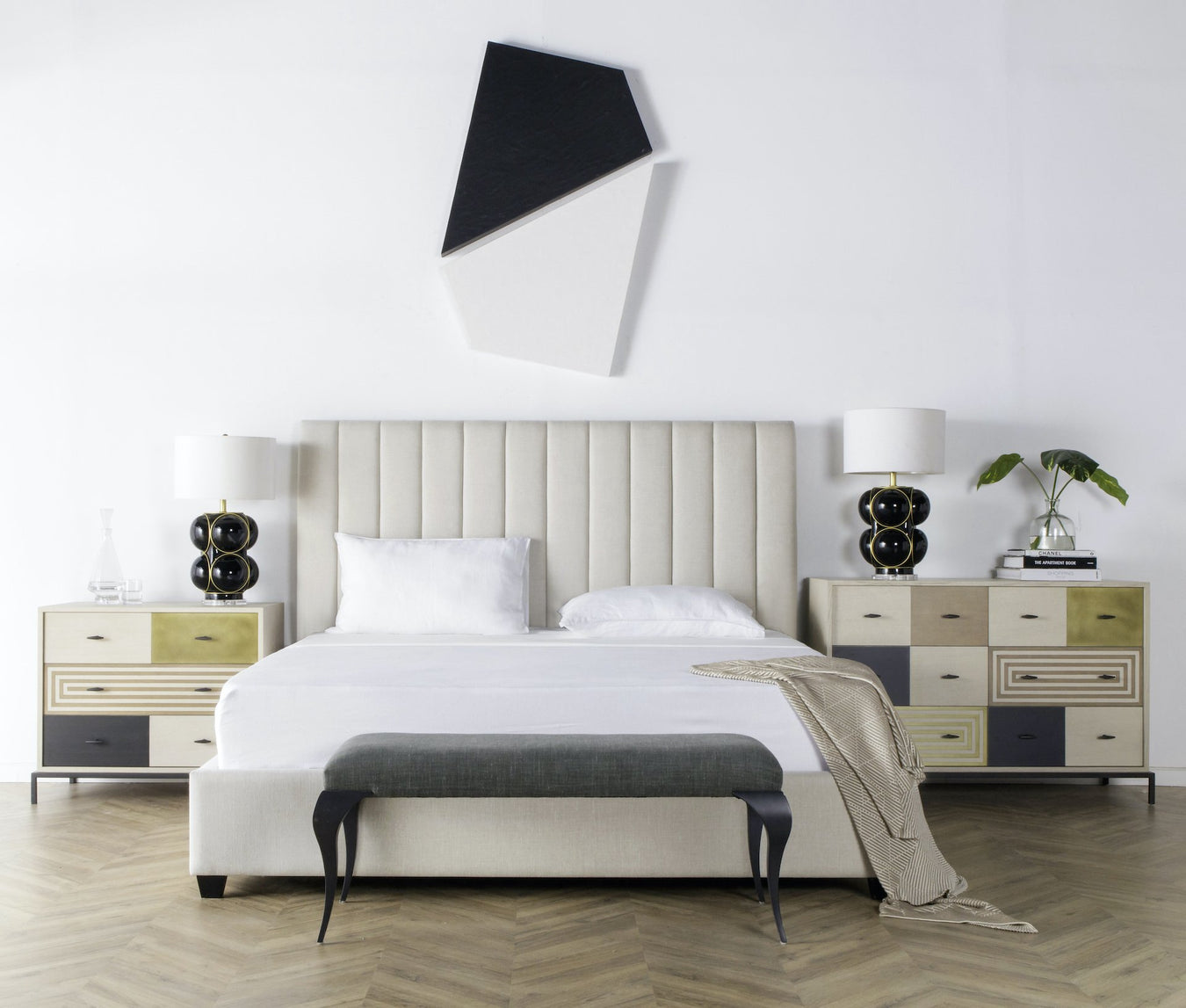 Cream Bed, Nightstand and Dresser